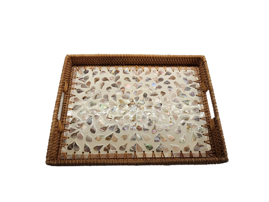 Rectangular Rattan Tray with Mother-of-Pearl Inlay