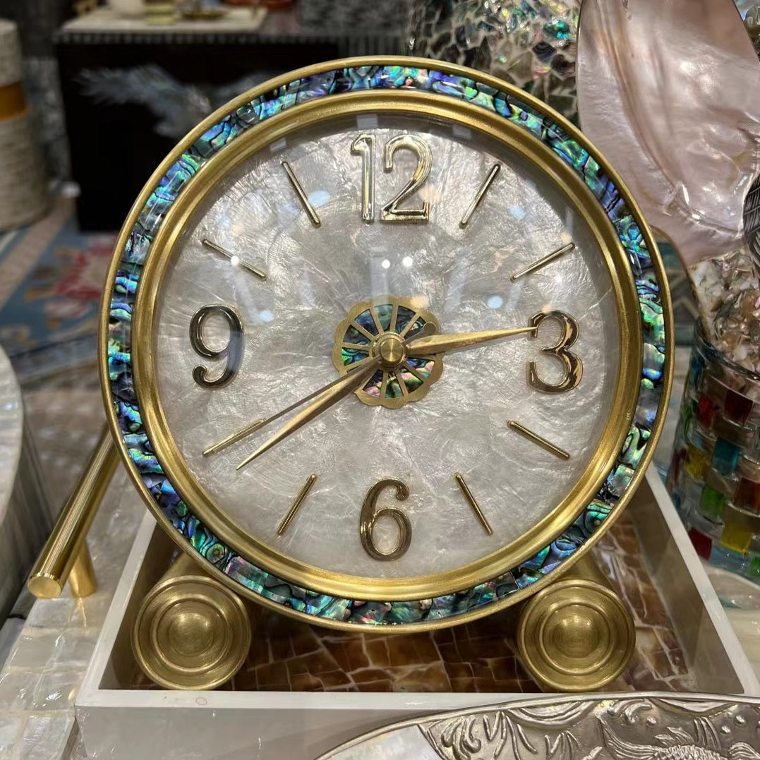 Brass Clock with Shell Inlay