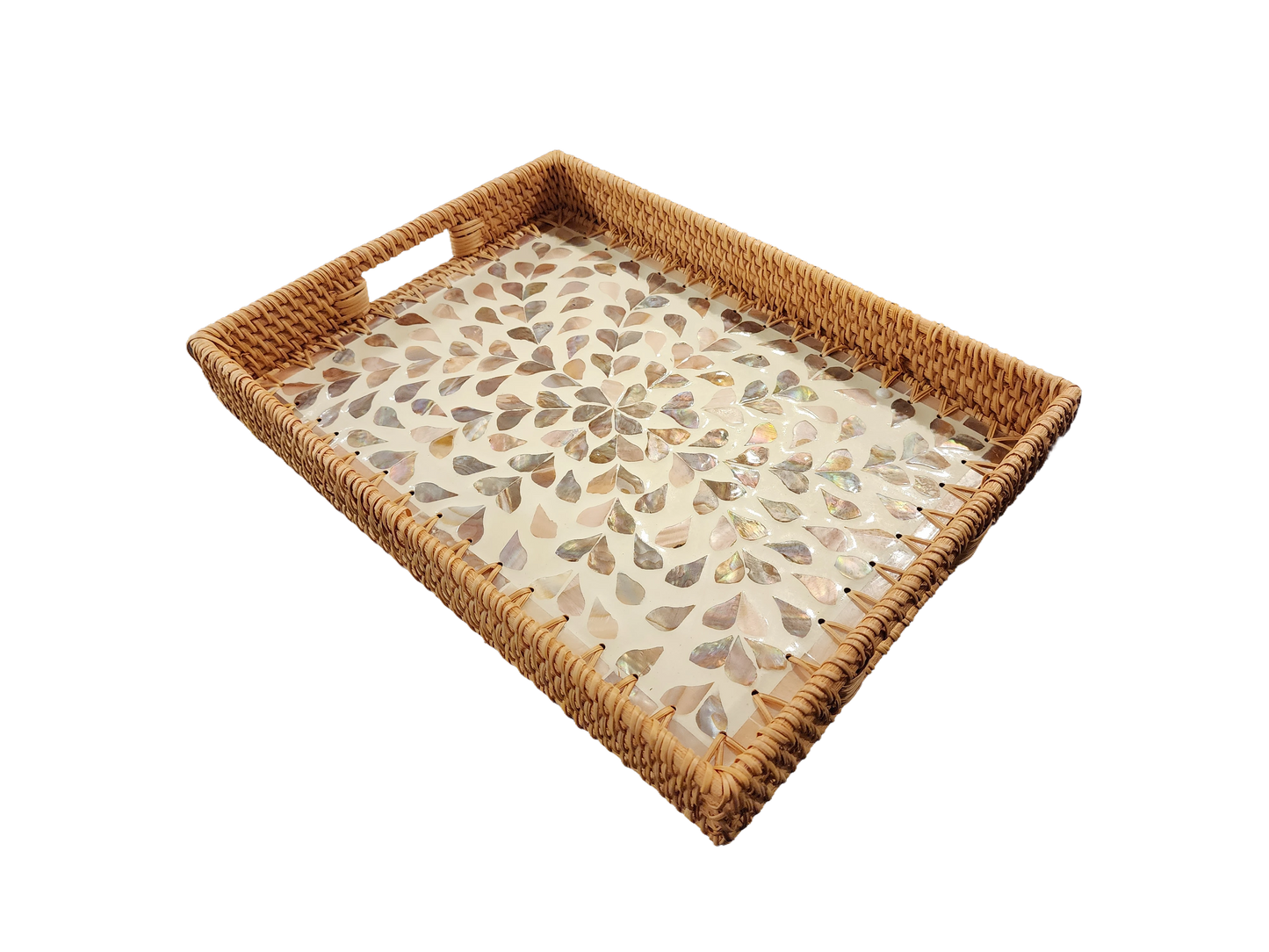 Rectangular Rattan Tray with Mother-of-Pearl Inlay