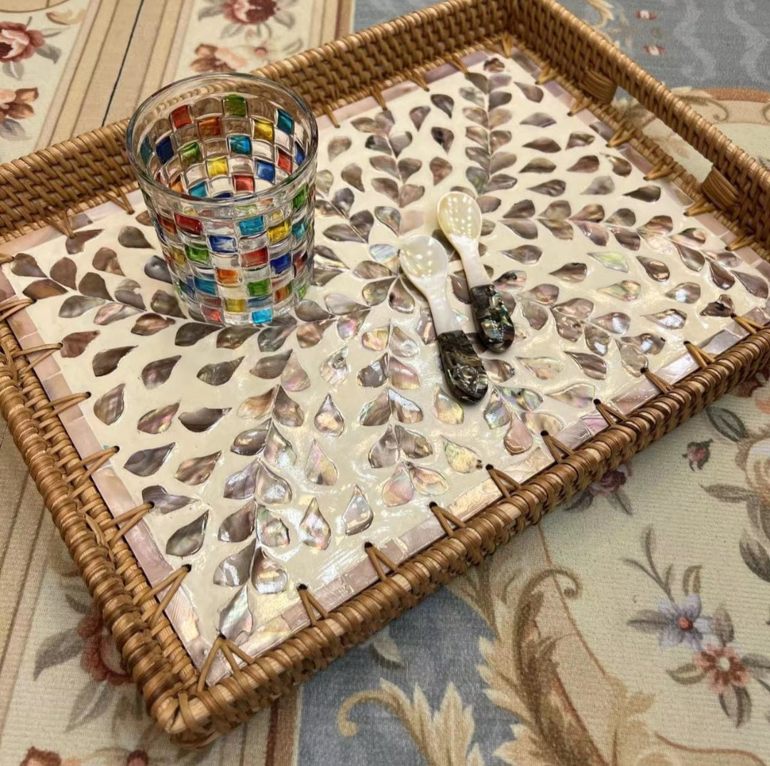 Rectangular Rattan Tray with Mother-of-Pearl Inlay